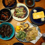 野菜天ぷら、金目鯛のあら煮、鶏団子鍋
