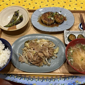 【献立】豚肉ともやしの炒め物、甘長唐辛子のグリル、白茄子の照り焼き、きゅうりのニンニク醤油漬け、もやしと豆腐のお味噌汁