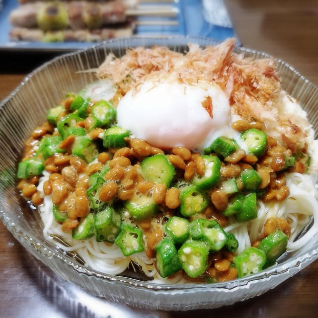 【家ごはん】 ネバトロそうめん と 豚バラねぎま♪　[レシピ] カボチャフライ　 ＊伊賀野菜