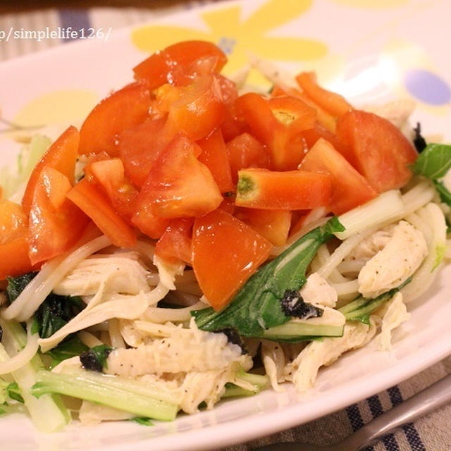 水菜とｻｻﾐのゆずこしょう風味にかけﾄﾏの和風ｽﾊﾟｹﾞﾃｨ～