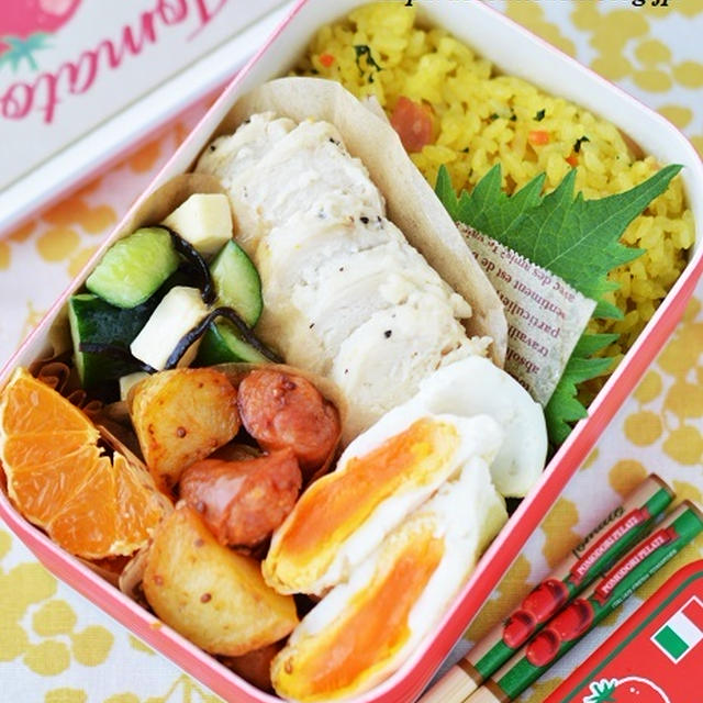 「ペッパーマヨチキン＆きゅうりとチーズの塩昆布和えのお弁当」←作り置きを活用して朝は10分で。