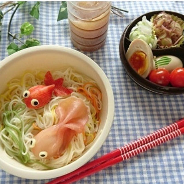 生ハム金魚とカニカマ金魚でそうめん弁当〖麺弁当〗 #平日お昼ご飯はお弁当or外食