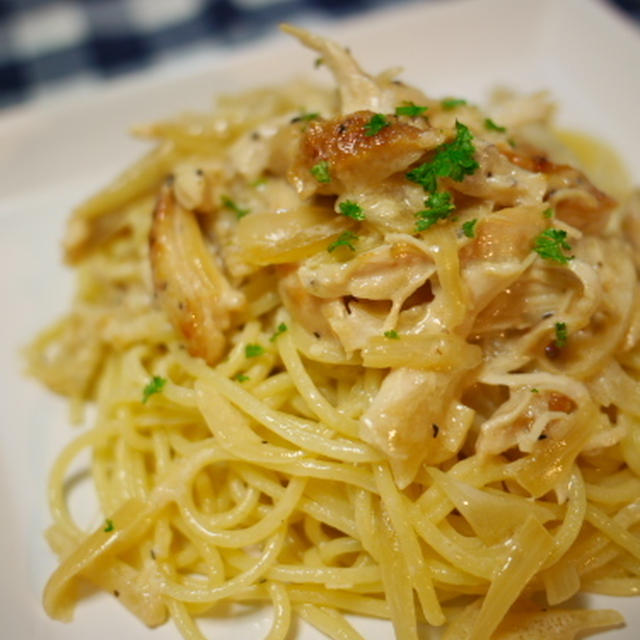 焼きチキンのクリームスパゲッティ