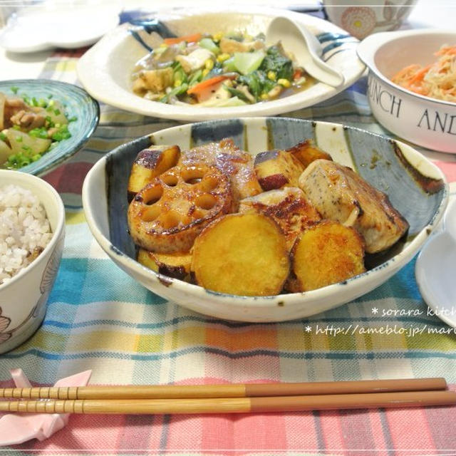 サツマイモと厚切り蓮根肉巻きのバターしょうゆ焼きｄｅ晩御飯