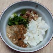 納豆と刻み長芋の小鉢、エイヒレの炙り