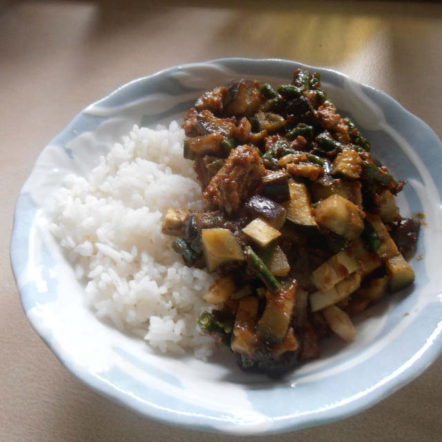 茄子の初収穫　茄子とササゲのドライカレー