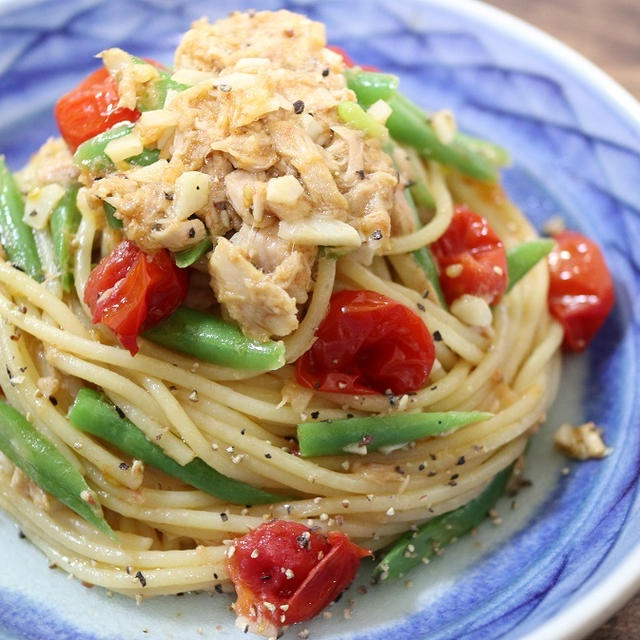 【いんげんとツナとトマトのパスタ】レシピ＊赤と緑で彩った、食感も楽しいパスタ