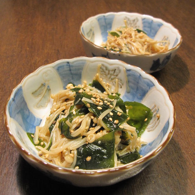 エノキとわかめの和えもの　やらわか牛蒡　九割蕎麦