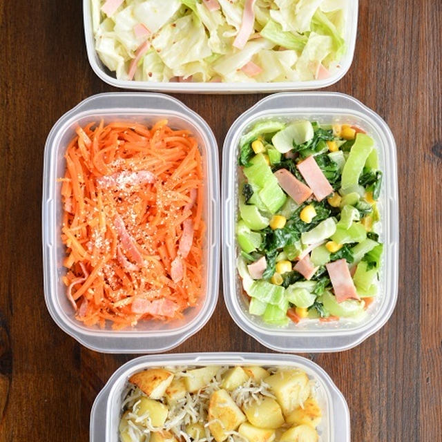 お弁当用に副菜を4品作り置きしました（レンチンで2品・フライパンで2品）