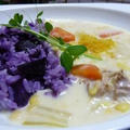 白菜のコーンクリームシチュー☆紫芋ライス　と　日本の花❀