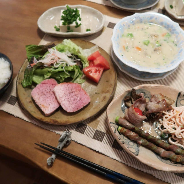 ハムステーキ＆クラムチャウダーの晩ご飯　と　グリーンのナデシコ♪