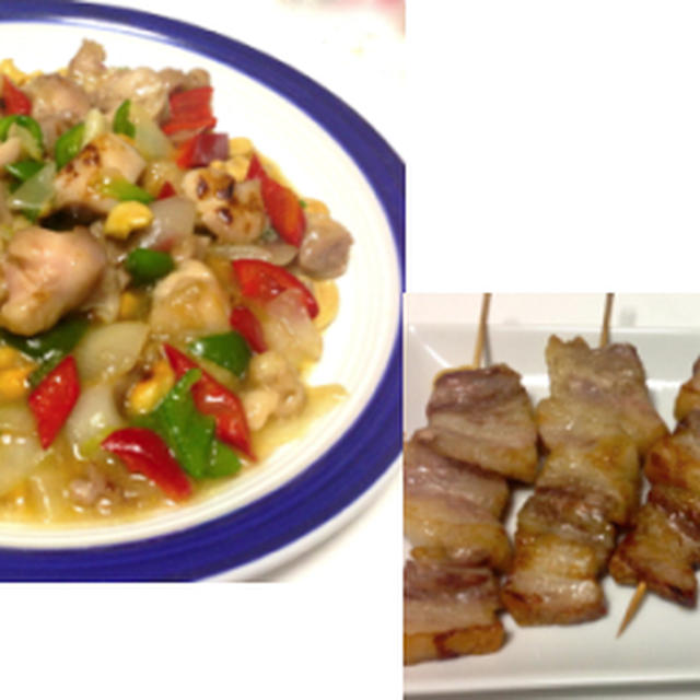 鶏肉カシューナッツ炒め、豚バラ串焼き、豆腐キムチスープ、白菜の浅漬