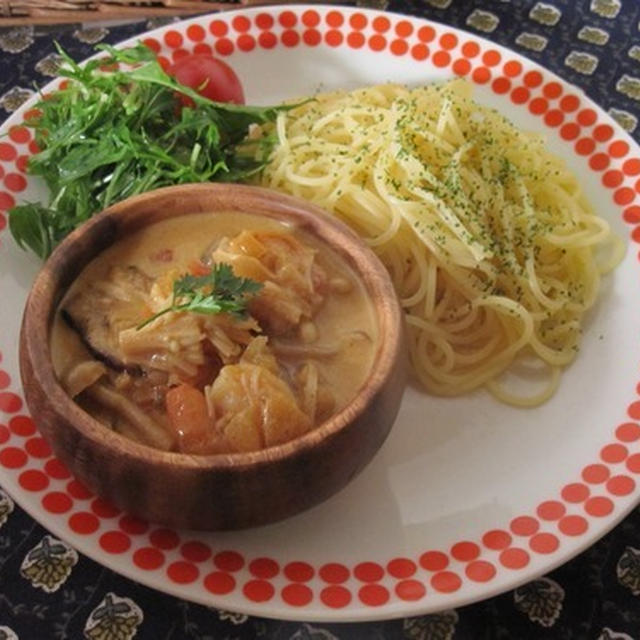 海老とキノコのカレークリームつけスパゲティ