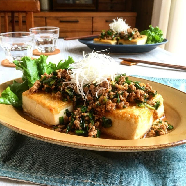 中華風 にら肉味噌のとうふステーキ (レンジで簡単お豆腐の水切り)＊冷凍つくりおき＊ヘルシー＊節約＊