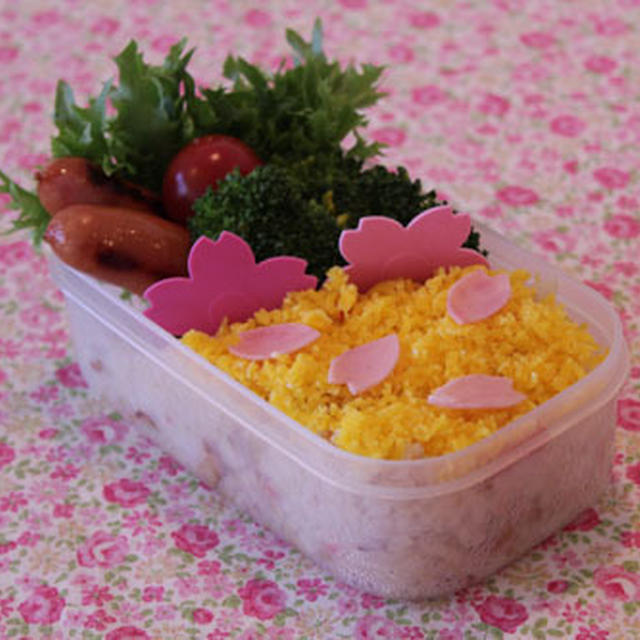桜の花びら舞うお弁当
