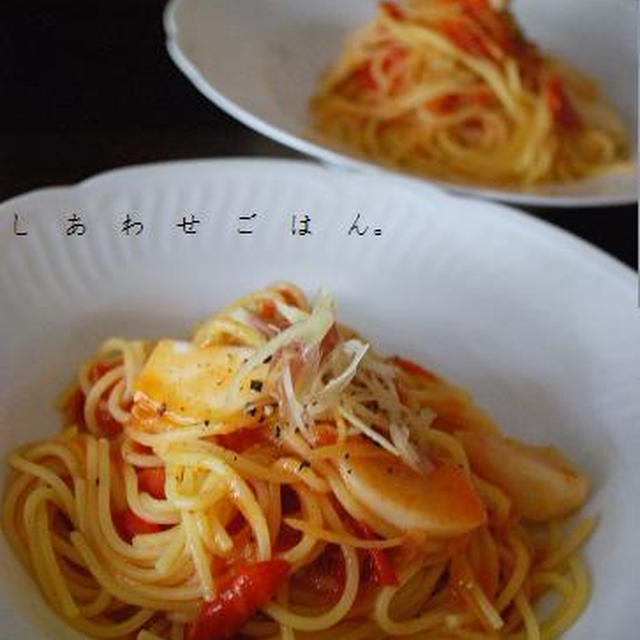 生姜と茗荷とトマトのスパゲッティーニ。