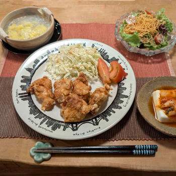 「おうち中華」唐揚の晩ご飯と　スノーインサマーの花♪