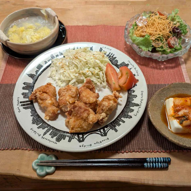 「おうち中華」唐揚の晩ご飯と　スノーインサマーの花♪