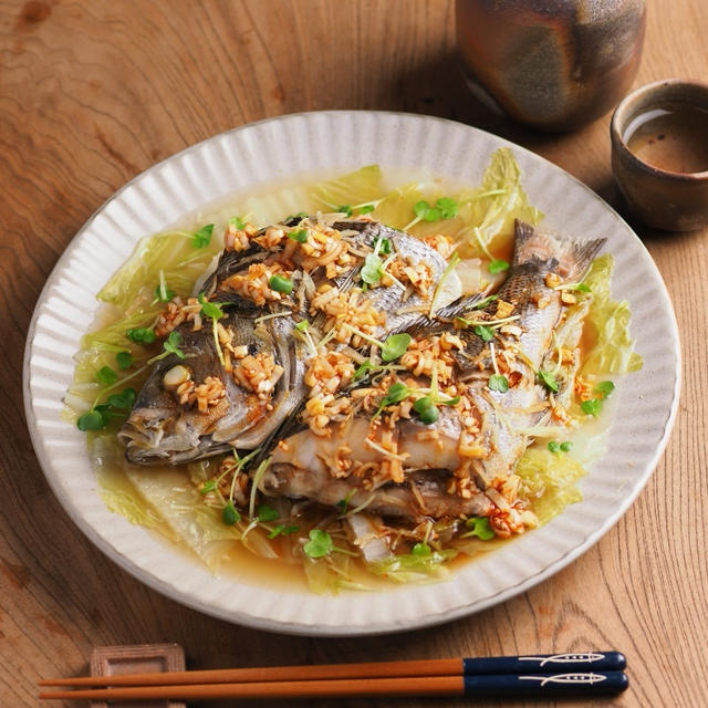 イサキの中華風ピリ辛酒蒸し　、　電子レンジで簡単料理