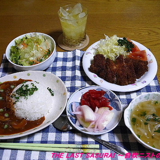 【夕食】ハヤシライス・とんかつ・レタスとにんじんのサラダ…