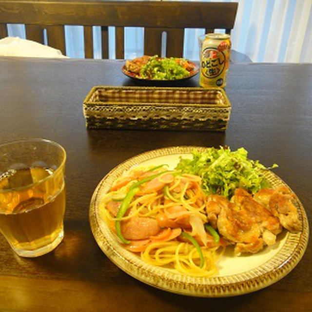 ４月６日の夕飯　***　スパゲティ　と　チキンソテー　***