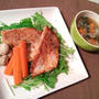 晩ごはん：連子鯛のムニエルと野菜たっぷりコンソメスープ。