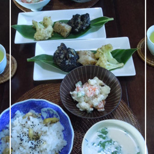 ＊栗ごはん、鱈の白と黒ゴマ揚げ、サイコロポテトサラダ、豆腐とコーンとベーコンのミルクスープ