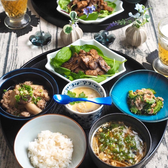 ヘルシーメニューの晩ごはん♪ソイミート炙り焼きと鯖缶味噌汁