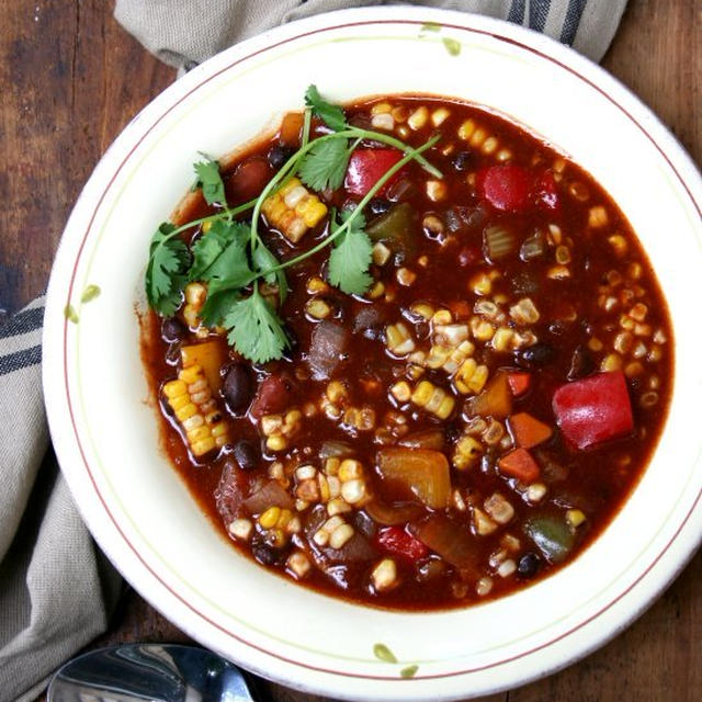 Vegetable Chili with Grilled Corn – Veganベジたっぷりチリスープ