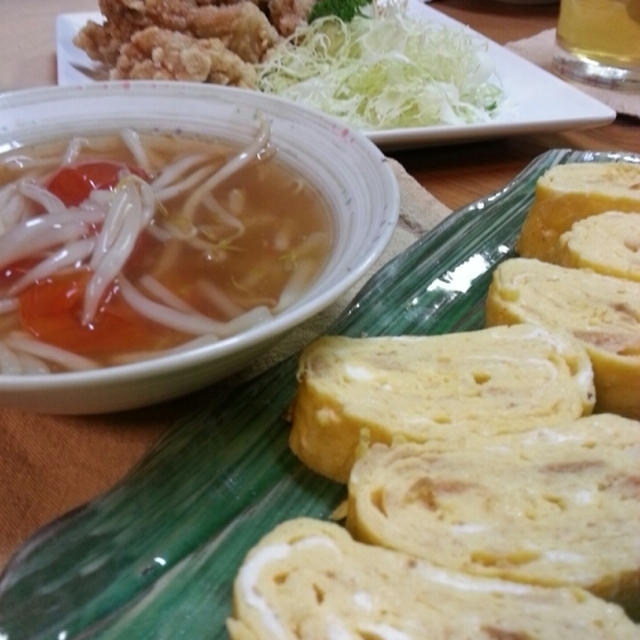 鶏の唐揚げ&もやしとトマトケチャップのあんかけの夕食♪