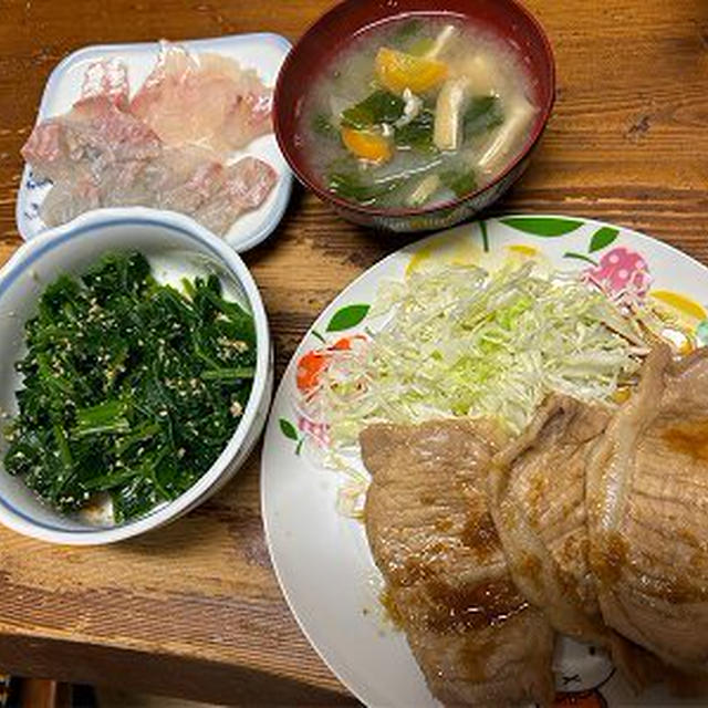 ブタの生姜焼きと鯛の昆布締め