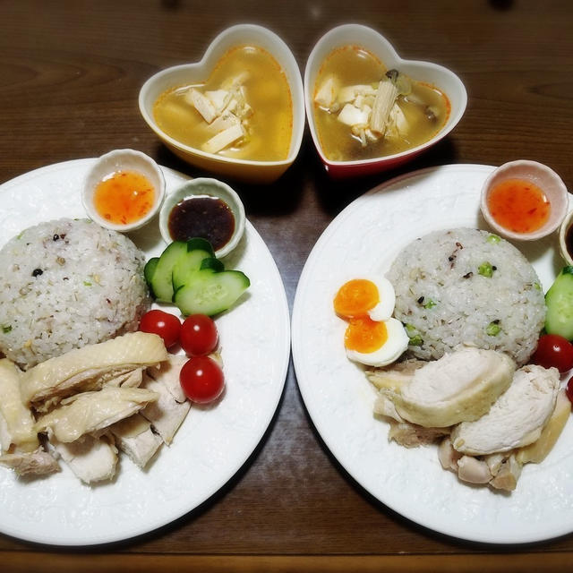 【家ごはん】 炊飯器で簡単調理♪　[レシピ] チキンライス / 香味たれ / 酸辣湯　＊うしくろくん チョコミント