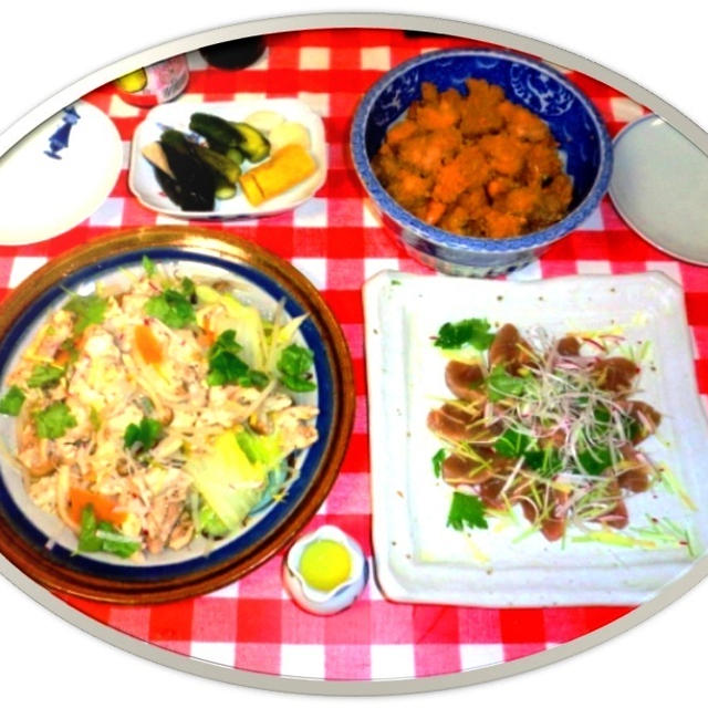 鶏と野菜・きのこの蒸し物とカツオの和風カルパッチョ風