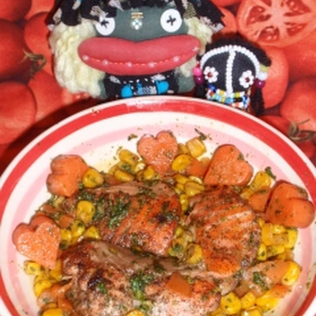 鮭とコーンのバター風味＆新玉ネギの梅おかかサラダ（お家カフェ）