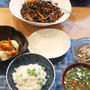 夕食☆ひじき炒め　枝豆ジョニーのキムチ奴　もずくの大根和え柚子風味　　豆ごはん　なめこ汁