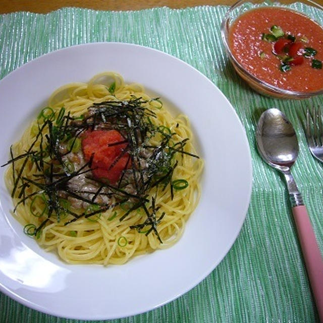 明太納豆スパゲティと簡単ガスパチョ