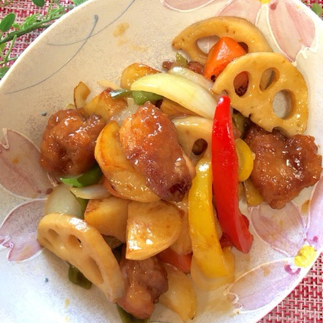 鶏肉と野菜の甘酢あんかけ、パプリカ ピーマンのきんぴら！