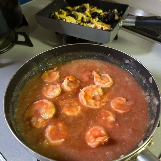 5.3【お家ごはん・夜】エビチリ・木耳卵炒め・棒棒鶏風・心太❣️ﾃﾞｽ。ある物食材