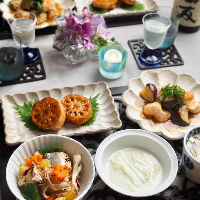和食晩ごはん♪吹き寄せ風土鍋ごはん・鶏と茄子のみぞれあんかけ・蓮根海老餅