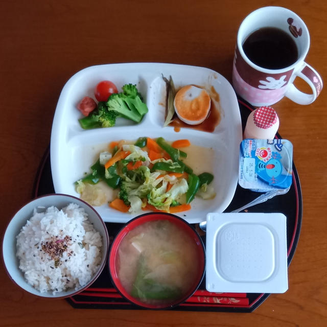 朝ご飯は7時40分　野菜炒めとひきわり納豆