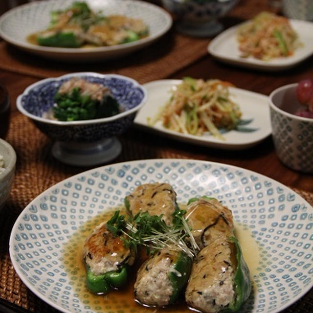 豆腐でふんわり ピーマンの肉詰め、麺つゆあん。