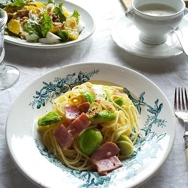 蕾菜とベーコンのパスタと、かぶのポタージュスープでランチ♪
