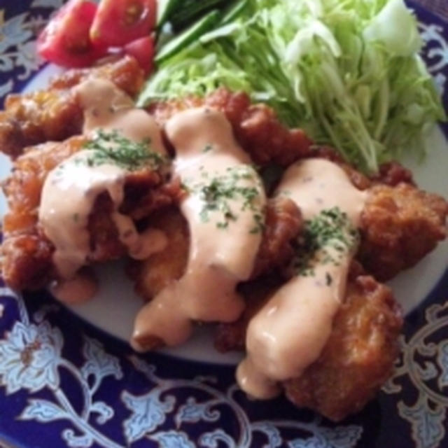 チキンマスタードトマトソース＆オクラ、青菜の韓国風和え物