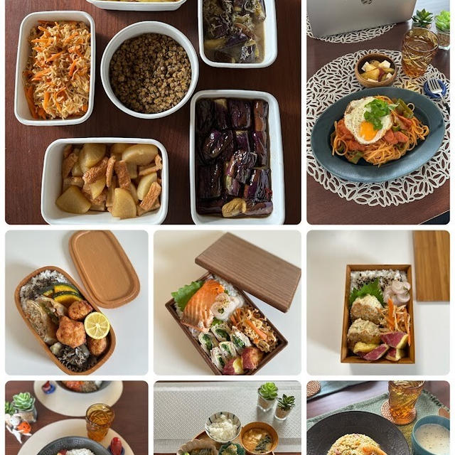 1週間の日持ちおかずとそれらを使って作るお昼ごはん、晩ごはん、お弁当、ライブ終わりにオットと行った梅田の居酒屋さんなど外食情報も