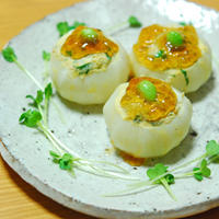 ぽん酢ジュレをのっけて、蕪のぷっくり鶏たまご蒸し♪