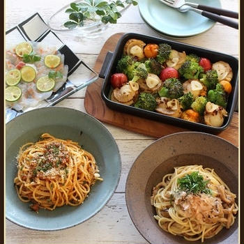 帆立と野菜のアヒージョ！と、カルパッチョやパスタ！で、おうちイタリアン