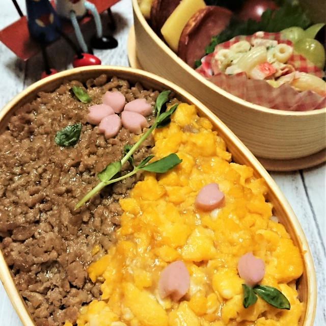 【息子弁当】リクエストに応えつつ春弁当！久々のお弁当は！【そぼろ丼弁当～春～】。また、明日から