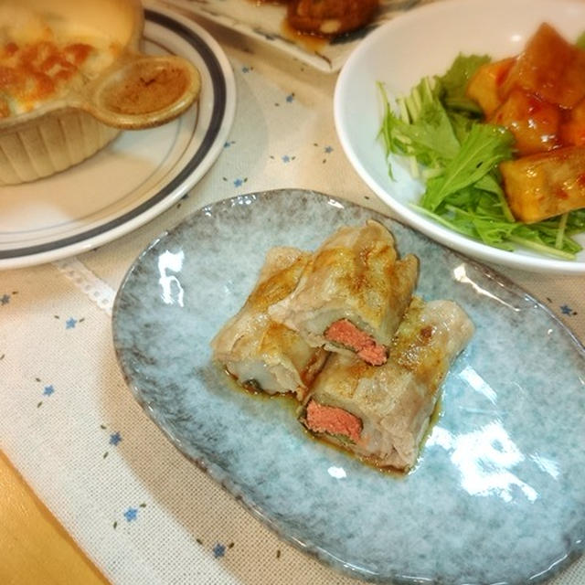 リメイクご飯。鶏むね肉の梅しそ巻きからの～。