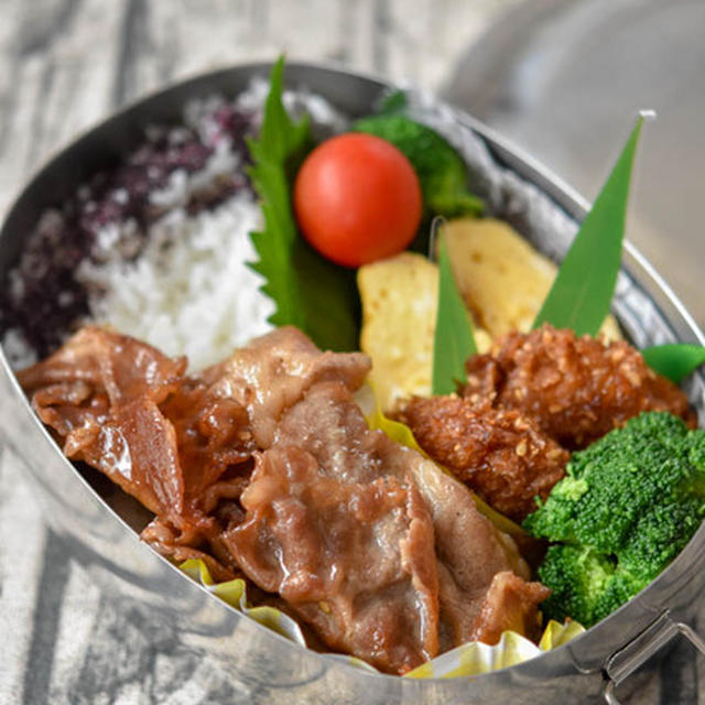 中学生男子弁当｜豚肉の甘辛炒め・卵焼き・チキンの味噌カツ