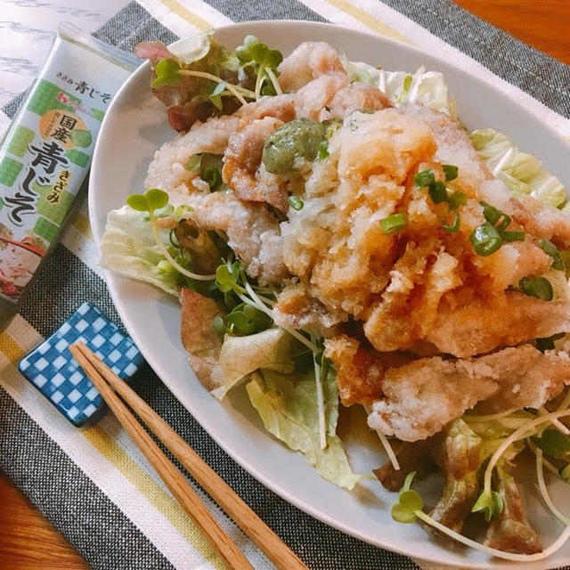 揚げずに簡単♡豚こまカリカリ揚げ♡きざみ青じそおろしポン酢